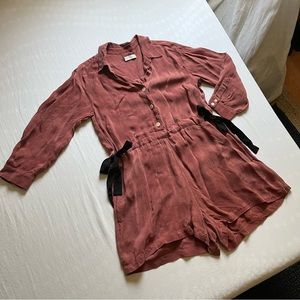 Sandro Rust Red Button-Front Satin Romper Jumpsuit with Black Ribbon Ties